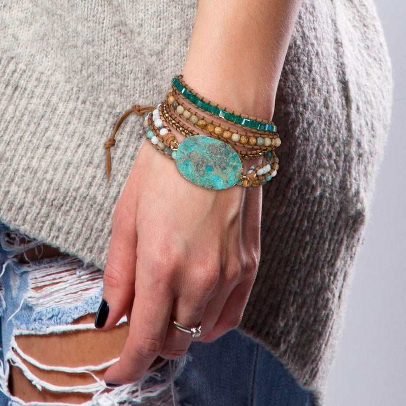 SPUNKYsoul Ocean Jasper 5 Wrap Handmade Leather Bead Crystal Wrap Bracelet Collection (5 Wrap Ocean Jasper) - Image 2